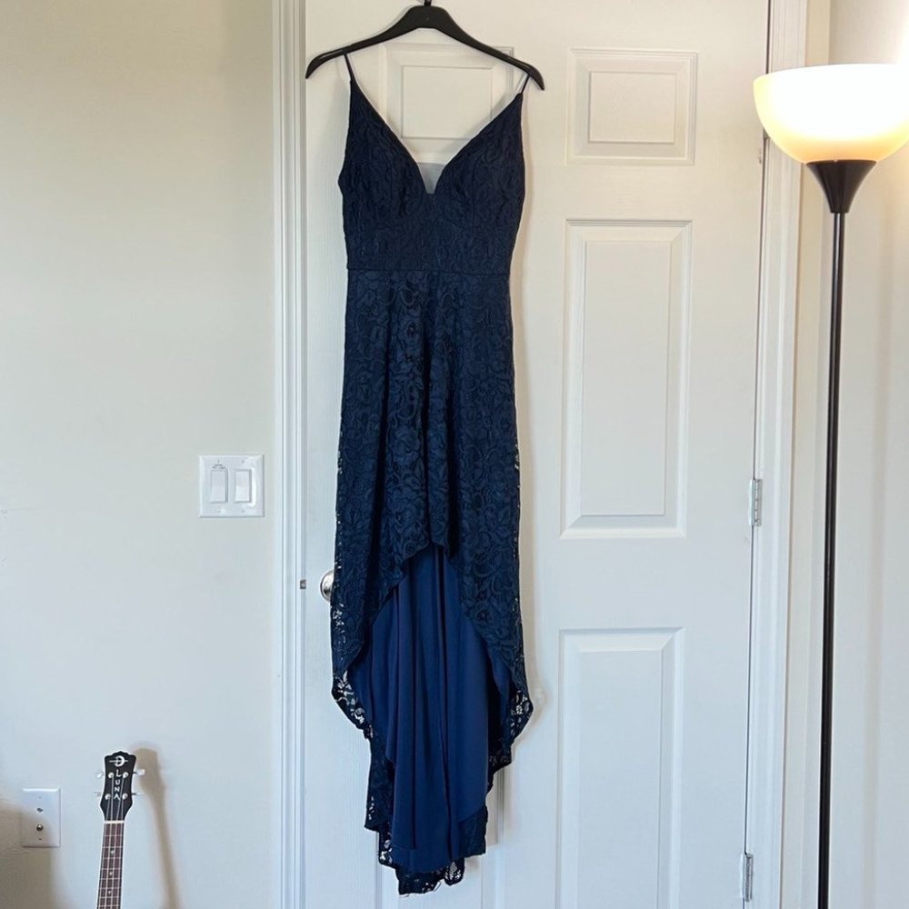 Lace Spaghetti Strap Plunging High-Low Dress